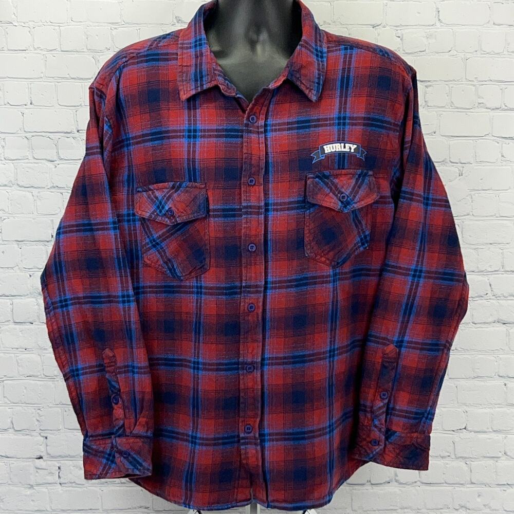 Hurley Flannel Shirt XL X-Large Red Blue Plaid Button Front Cotton Surfer Skater